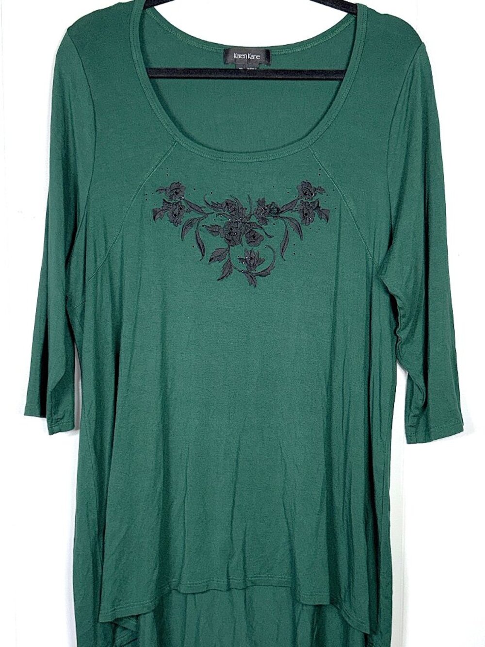 Karen Kane Green Black Floral Embroidered Rhinestone 3/4 Sleeve Blouse Top 2X
